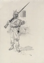 I Cesarstwo (1804-1814 lub 1815): żołnierz armii napoleońskiej, żołnierz piechoty brygady jeźdźców w forcie. Rysunek autorstwa Alessandro Lonatiego