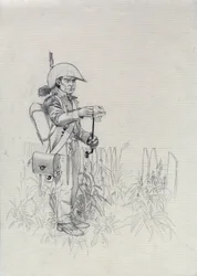 Pierwsze Cesarstwo (1804-1814 lub 1815): żołnierz armii napoleońskiej, żołnierz piechoty myśliwy (infantryhunter). Rysunek autorstwa Alessandro Lonatiego