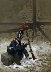 Pierwsze Cesarstwo: grenadier gwardii w płaszczu siedzi na śniegu. Rysunek autorstwa Alessandro Lonatiego