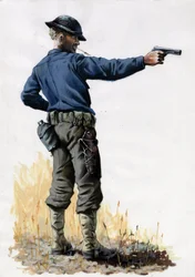Pierwsza wojna światowa 1914-1918: piechura armii amerykańskiej z pistoletem w 1917 roku na froncie zachodnim. Rysunek autorstwa Alessandro Lonatiego