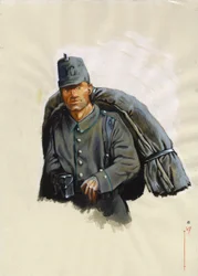 Pierwsza wojna światowa 1914-1918: austriacki jager lub myśliwy ze sprzętem górskim na froncie Alp we Włoszech