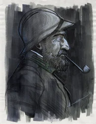 Pierwsza wojna światowa 1914-1918: Profilowy portret żołnierza armii włoskiej palącego fajkę w 1915 roku. Rysunek Alessandro Lonati
