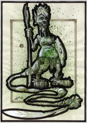 Legendarny potwór do ilustracji fantasy: twarz plemiennego stworzenia lub wojownika z włócznią, tarczą i pierzastym ogonem.