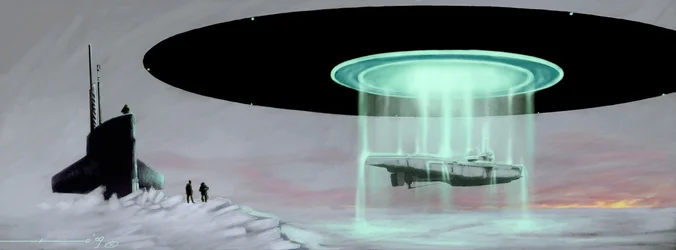 Spotkanie na biegunie północnym między okrętem podwodnym U-Boot a latającym spodkiem (UFO lub kosmita) w sprawie zwrotu okrętu podwodnego zabranego przez kosmitów podczas wojny. Rysunek Alessandra Lonatiego