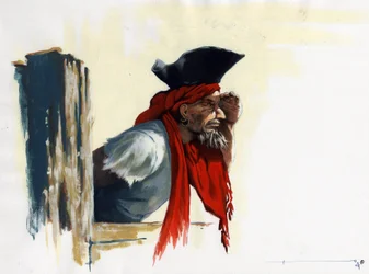 Pirat z Karaibów patrzący na horyzont. Rysunek autorstwa Alessandro Lonatiego.