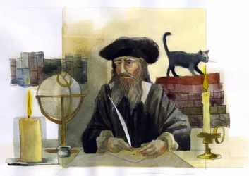 Portret Michel de Notre Dame (Nostradamus) angielskiego astrologa - Portret Nostradamusa, Michel de Notre Dame (1503-1566) astrolog i doktor francais Ilustracja: Alessandro Lonati