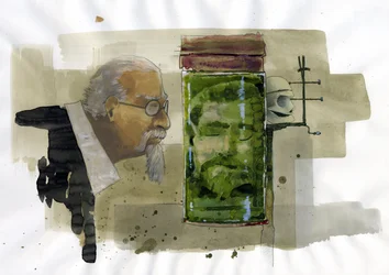 Portret włoskiego kryminologa patrzącego na własną głowę zachowaną w formalinie Ilustracja Alessandro Lonati