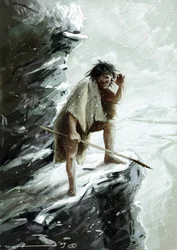 Pré-história: um homem de Neanderthal (Neanderthal ou Neanderthal: Homo sapiens), sob a neve, empoleirado em uma rocha olha para o horizonte. Desenho de Alessandro Lonatipolish