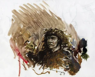 Prehistoria: przedstawienie neandertalczyka lub neandertalczyka w środkowym paleolicie. Rysunek autorstwa Alessandro Lonatiego
