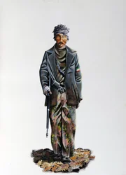 II wojna światowa: członek włoskiego ruchu oporu (makia lub partyzant, partyzant) (Resistenza Italiana), ubrany w strój maskujący i broń z karabinem maszynowym. 1943-1945. Ilustracja autorstwa Alessandro Lonatiego