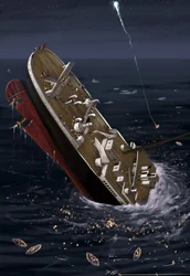 Widok transatlantyku Titanic w czasie zatonięcia 14 i 15 kwietnia 1912 r. Ilustracja: Alesandro Lonati. 2010