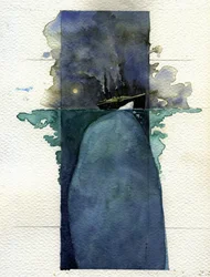Widok transatlantyku Titanic w chwili zatonięcia 14 i 15 kwietnia 1912 r. w wyniku zderzenia z górą lodową. Ilustracja autorstwa Alessandro Lonatiego. 2011