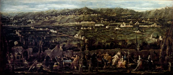 Salon w zewnętrznym ogrodzie Albaro Mondanites. Obraz Alessandro Magnasco mówi il Lissandrino (1667-1749) 1735 wokół Galleria di Palazzo Bianco, Genes