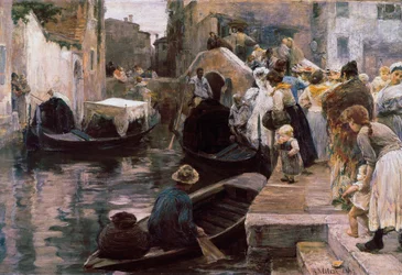 „Ślub w Wenecji”. Młodzi nowożeńcy wsiadają do gondoli. 1897, Rzym, Galleria Nazionale d