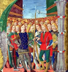 Historyczny inicjał N przedstawiający św. Maurycego i Legion Tebański, Szkoła Lombardzka, ok. 1499-1511