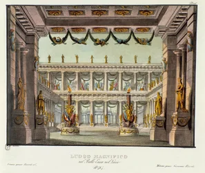 Wspaniałe miejsce: widok na świątynię Scenografia do przedstawienia lirycznego dramatu „Enea nel Lazio” (1799) Giuseppe Sarti. Litografia w „Zbiorze wynalazków scenicznych z 1830 roku autorstwa Alessandro Sanquirico (1777-1849)””. Prywatne Milanese