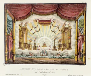 Pojawienie się królestwa Jowisza Scenografia do przedstawienia dramatu operowego „Enea nel Lazio” (1799) Giuseppe Sarti. Litografia w „”Zbiorze wynalazków scenicznych z 1830 roku autorstwa Alessandro Sanquirico (1777-1849)””. Milanese prywatne kolo