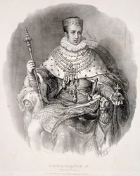 Ferdynand I (1793-1875), król Lombardii-Wenecji, w szatach państwowych, z „Coronazione de SMIRA Ferdinando I, il Re del Regno Lombard-Venetia”, opublikowany 1838