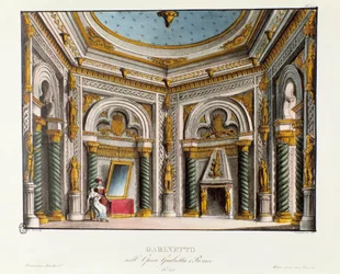 Prywatne apartamenty Julii Scenografia do przedstawienia w Teatro Carcano w 1829 roku opery „Giulietta e Romeo” (Julia i Romeo) (1796) Niccolo Antonio Zingarelli według utworu „Romeo i Julia” Williama Szekspira. Litografia w „”Racu”