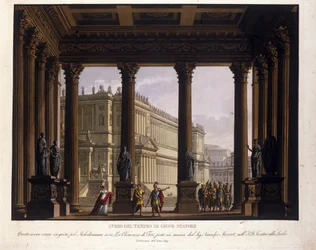 Scenografia Alessandro Sanquirico (1777-1849) do „Łaskawości Tito” Wolfganga Amadeusza Mozarta (1756-1791) wspina się do La Scali w Mediolanie w 1819 roku i reprezentuje atrium świątyni Jowisza Stator Statore: Sekstus zostaje zatrzymany; zachować Viterli
