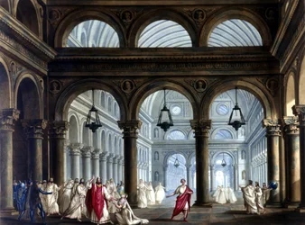 Świątynia Irminsula w operze „Norma” Vincenzo Belliniego (1801 - 1835): Scenografia Sanquirico do przedstawienia w teatrze La Scala w Mediolanie w 1833 roku.