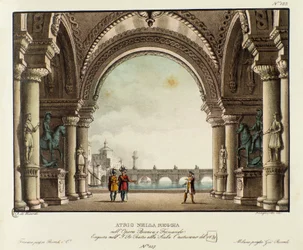 Widok sali pałacu królewskiego Scenografia do przedstawienia w 1829 roku opery „Bianca e Fernando” Vincenzo Belliniego (1826). Litografia w „”Zbiorze wynalazków scenicznych z 1830 roku autorstwa Alessandro Sanquirico (1777-1849)””. Prywatne Milanese