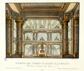 Widok wnętrza świątyni Bachusa iluminuje Scenografię do przedstawienia opery „Alessandro nell