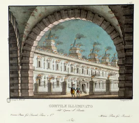 Widok na duży oświetlony dziedziniec Scenografia do przedstawienia opery Il pirata (Pirat) (1827) Vincenzo Belliniego. Litografia w „Zbiorze wynalazków scenicznych z 1830 roku autorstwa Alessandro Sanquirico (1777-1849)””. Mediolan prywatny c