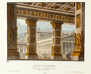 Widok na pałac, w którym odbywają się przesłuchania publiczne Scenografia do przedstawienia lirycznej tragedii „Didon” (Didon) (1783) autorstwa kompozytora Niccolo Vito Piccinniego (lub Piccinniego) po operze Metastasio (Metastase). Litografia w „” Raccolt