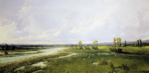 Polowanie na korycie rzeki Piave w Belluno, obraz Alessandro Seffera (1832-1905), olej na płótnie