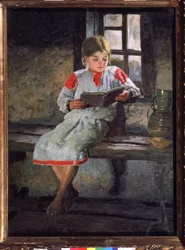Wspaniała lektura. Mała dziewczynka siedząca przy oknie, pochłonięta historią swojej książki. Obraz Aleksandra Aleksiejewicza Kiselewa (1855-po 1918), olej na płótnie, ok. 1890. XIX-wieczna sztuka rosyjska. Państwo Tretyakov Ga