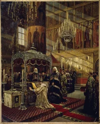 Le tsar de Russie Alexis I Mikhailovitch, dit le tsar tres paisible (1629-1676) et le patriarche Nicon (1605-1681) sur le cercueil de Philippe I le metropolite de Moscou (Tsar Alexei I Michailovich and patriarch Nikon at the coffin of Philip I, Metropolita