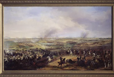 Bitwa Narodów pod Lipskiem (Niemcy) w październiku 1813 roku. (Lub bitwa pod Lipskiem, epizod trzeciej koalicji, kampania niemiecka wojen napoleońskich). (1783-1844). Sztuka niemiecka XIX wieku