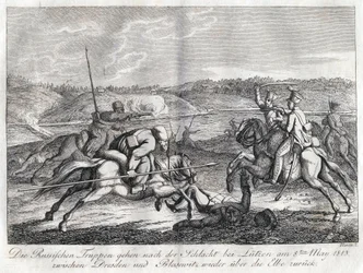 Wojska rosyjskie idą po bitwie pod Lutzen z powrotem przez Łabę - Sauerweid, Aleksander Iwanowicz (1783-1844) - 1813 - Trawienie - 21x26 - Kolekcja prywatna