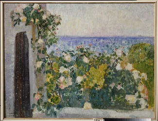 Kwiaty na balkonie w Rzymie (Włochy). Obraz Aleksandra Iwanowicza Sawinowa (1881-1942), olej na płótnie