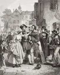 The Press Gang chwyta wodniaka na Tower Hill rano w dniu jego ślubu, z „Illustrations of English and Scottish History” Tom II (patrz 95977)