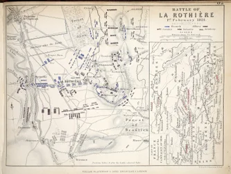 Mapa bitwy pod La Rothiere, opublikowana przez Williama Blackwooda i Synów, Edynburg i Londyn, 1848 (rycina ręcznie kolorowana)