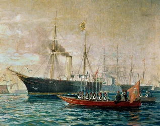 Przybycie cesarza Franciszka Józefa I na pokładzie HMS Greif do Port Said na otwarcie Kanału Sueskiego ... (obraz na płótnie)