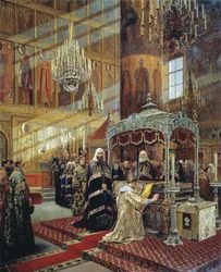 Car Aleksy i Patriarcha Nikon przy trumnie metropolity Filipa Moskiewskiego, XVII w. 1886