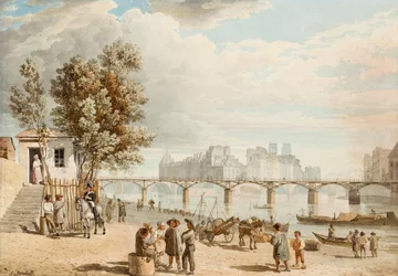 Vue de Paris - Pont des Arts (Francja) (Widok Paryża) - Dzieło Aleksandra Pawłowicza Briulłowa (Alexandre Brioullov) (1798-1877), akwarela na papierze (21x30 cm), sztuka rosyjska XIX wiek, romantyzm - Kolekcja prywatna