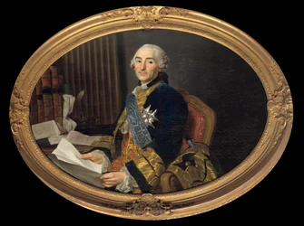 Portret Cesara Gabriela (1712-1785) hrabiego Choiseul - Chevigny, księcia Praslin, ówczesnego ministra spraw zagranicznych marynarki wojennej. Obraz Aleksandra Roslina (1718-1793). Ciemny. 0,94 x 1,31 m. Wersal, musee du Chateau. - Portret Cesara Gabriela 