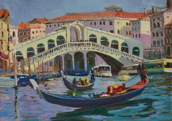 Gondole na moście Rialto w Wenecji