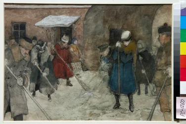 Ludzie zamiatający śnieg na ulicy zimą - Praca Aleksandra Iwanowicza Wachramejewa (1874-1926), ok. 1921 - Odśnieżanie - Akwarela, kolor biały, czarna kreda na papierze Aleksandra Iwanowicza Wachramejewa (1874-1926), ok. 1921 - 21,4x29 0,5 cm - St