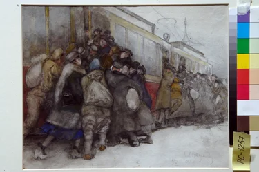 Ludzie próbują wsiąść do już pełnego tramwaju - Grafika Aleksandra Iwanowicza Wachramejewa (1874-1926)