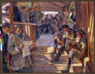 Scena na posterunku werbunkowym armii rosyjskiej, gdzie mężczyźni rozmawiają, czytają, grają na akordeonie. (W punkcie rekrutacyjnym). Malarstwo Aleksandra Wiktorowicza Morawowa (Aleksander Wiktor) (1878-1951)