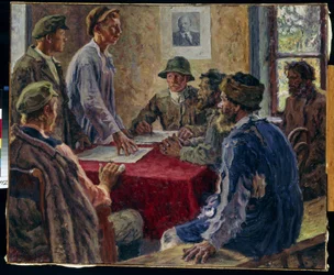 Posiedzenie Komitetu Ubogich Chłopów w 1918 r. (Posiedzenie Komitetu Ubogich Chłopów w 1918 r.). Malarstwo Aleksandra Wiktorowicza Morawowa (Aleksander Wiktor) (1878-1951), olej na płótnie