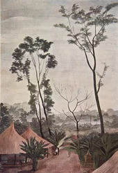 Un Village dans LOubangui - Chari, z Rysunki i obrazy Afryki, wykonane podczas wyprawy Citroen Centre Afrique, druga misja Haardt Audouin-Dubreuil, wyd. Paryż, 1927 (kolor lito