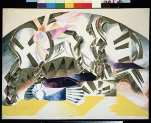 Dekoracja przygotowawcza do sztuki Romeo i Julia Williama Szekspira (1564-1616) (Scenografia do sztuki Romeo i Julia W. Szekspira). Opis abstrakcyjny ze schodami. Praca Alexandra Alexandrovna Exter (1882-1949), gwasz na