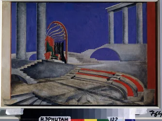Przegląd scenografii do wydania Decors de Theatre. Praca Alexandra Alexandrovna Exter (1882-1949), akwarela i gwasz na papierze, połowa 1920 r. Rosyjska sztuka scenograficzna XX w. Współ