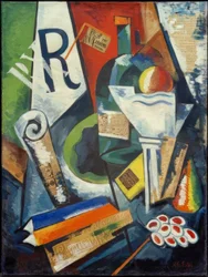 Martwa natura z książkami i misą na owoce